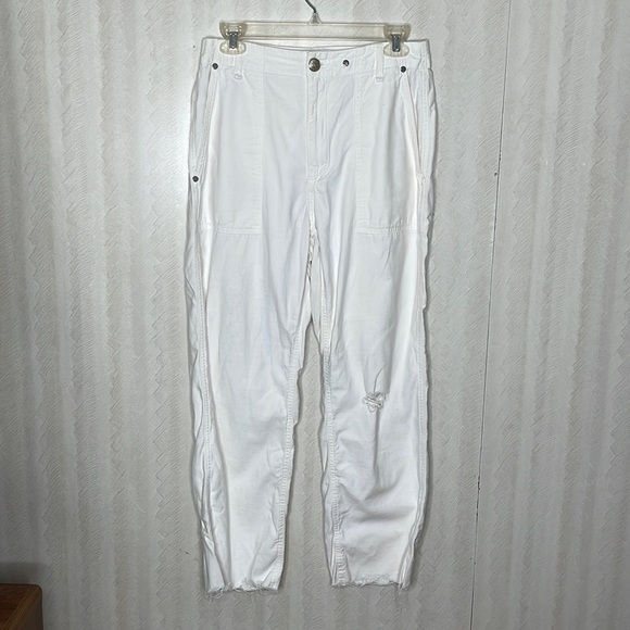 RAG & BONE White Cotton Straight Wide Leg Crop Pants Raw Hem Distressed Pants - Picture 9 of 14